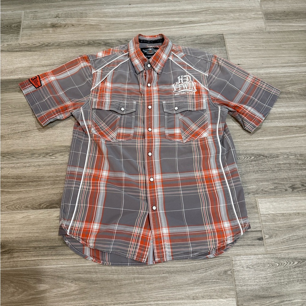 Men's Harley Davidson Gray and Orange Plaid Shirt